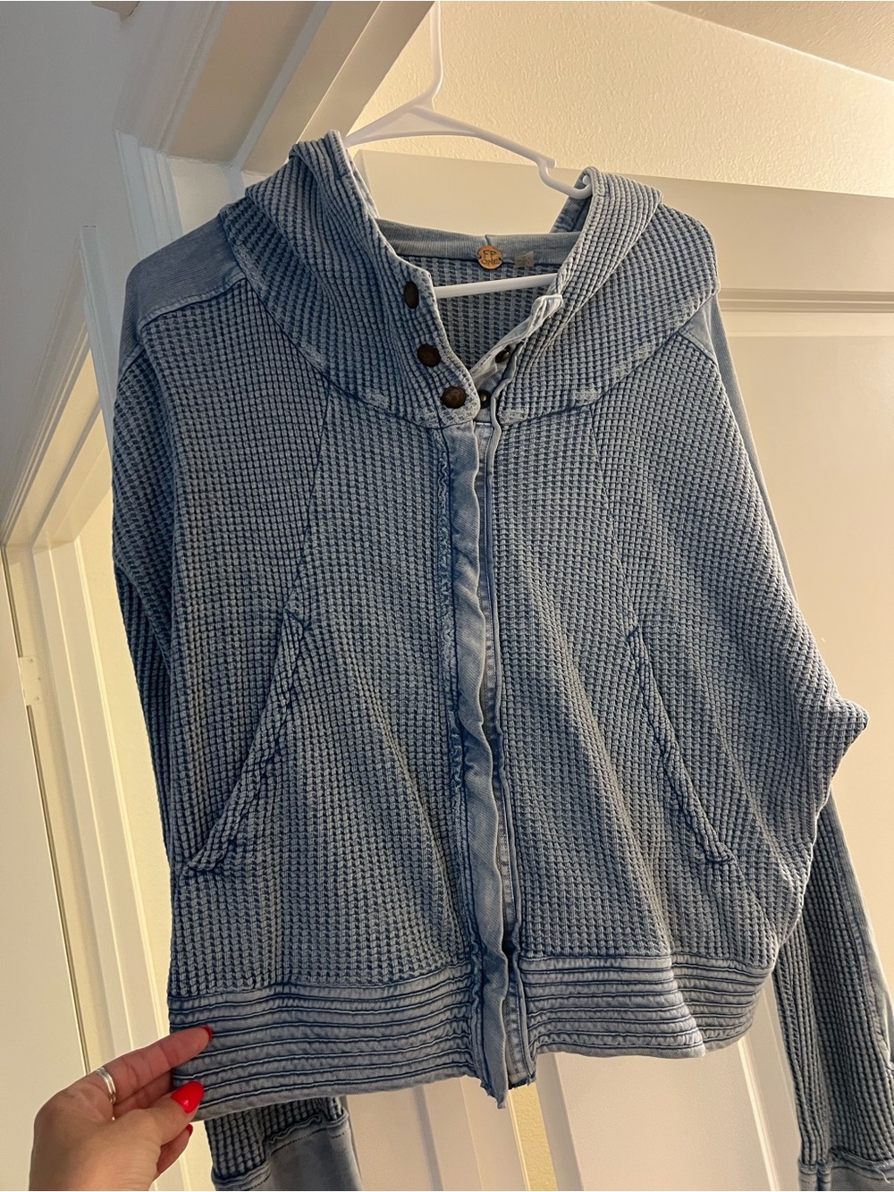 Free People Light Blue Women's Hooded Waffle-Knit Zip Sweater